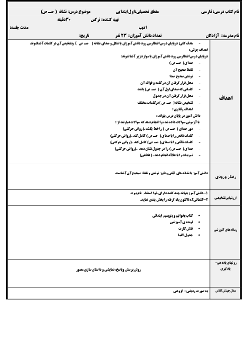 طرح درس روزانه فارسی اول ابتدایی | درس 17: نشانه‌ی صـ ص