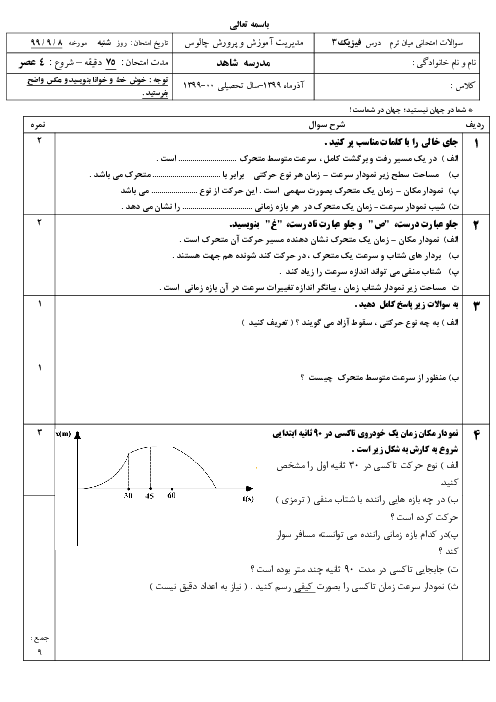 ارزشیابی فیزیک (3) دوازدهم دبیرستان شهید بخشی | فصل 1: حرکت بر خط راست