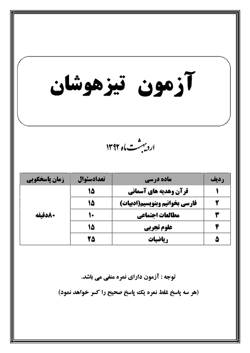 آزمون آزمایشی تیزهوشان ششم دبستان با پاسخنامه کلیدی | اردیبهشت 1392