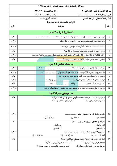 آزمون نوبت دوم علوم و فنون ادبی (2) پایه یازدهم دبیرستان حضرت خدیجه | خرداد 1397