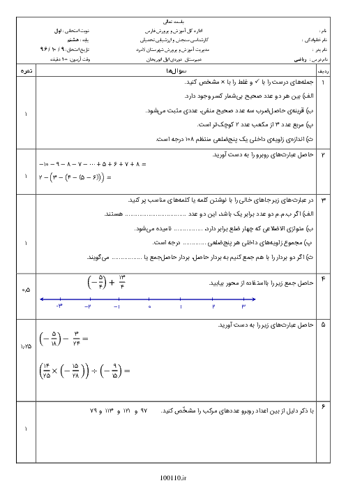 امتحان نوبت اول ریاضی هشتم دبیرستان ابوریحان لامرد - دی 96: فصل 1 تا 5