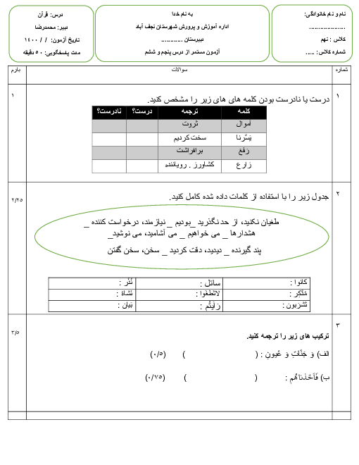 ارزشیابی داخلی قرآن نهم | درس 5 و 6