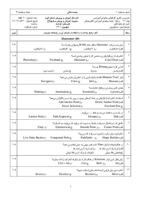 آزمون کاربر گرافیکی محتوای آموزشی (Illustrator و MOHO) دوازدهم هنرستان کرامت | نوبت شهریور 1402