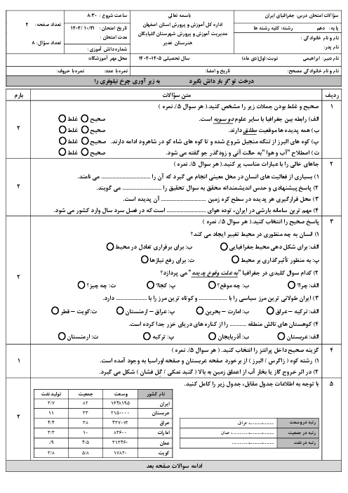 نمونه سوال جغرافیای ایران و استان شناسی اصفهان نوبت اول دیماه 1404 هنرستان غدیر