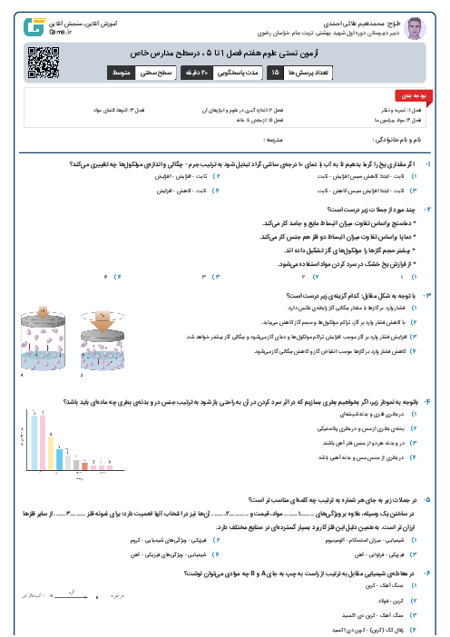 آزمون تستی علوم هفتم فصل 1 تا 5 ، درسطح مدارس خاص