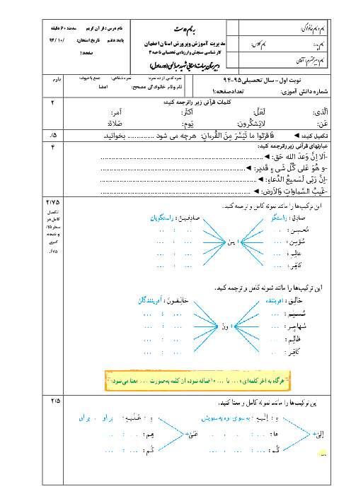 آزمون نوبت اول آموزش قرآن پایه هشتم مدرسه شهید عبدالهی | دی 1394