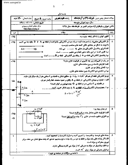 امتحان نوبت دوم فیزیک (3) سوم تجربی خرداد 1391با پاسخ تشریحی | هماهنگ کشوری