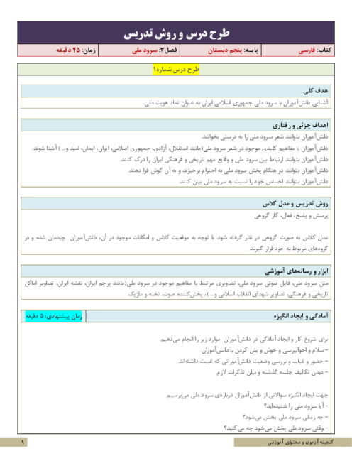 نکات آموزشی، روش تدریس و طرح درس فارسی پنجم  | درس 6: سرود ملی