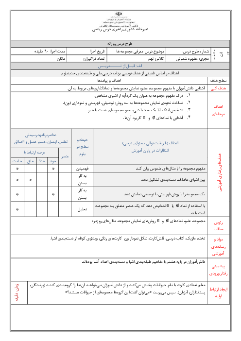 طرح درس روزانه ریاضی پایه نهم | درس معرفی مجموعه‌ها