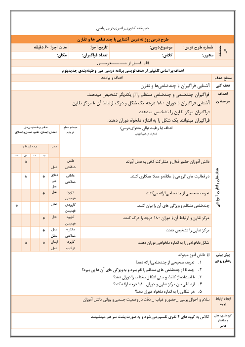 طرح درس روزانه ریاضی هشتم | چندضلعی ها و تقارن