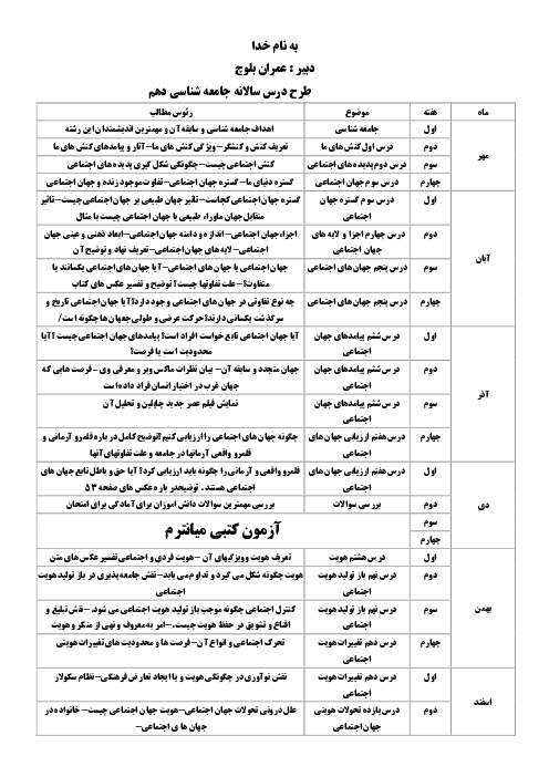 طرح درس سالانه جامعه شناسی دهم