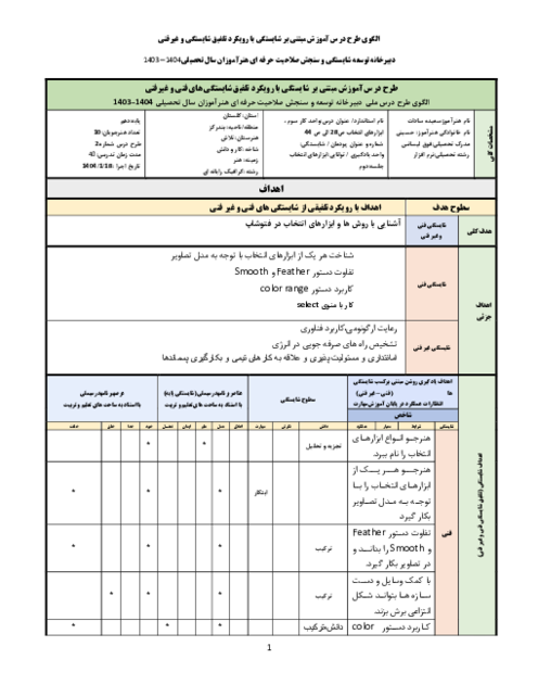 طرح درس روزانه  آموزش مبتنی بر شایستگی واحد کار سوم: ابزارهای انتخاب در فتوشاپ