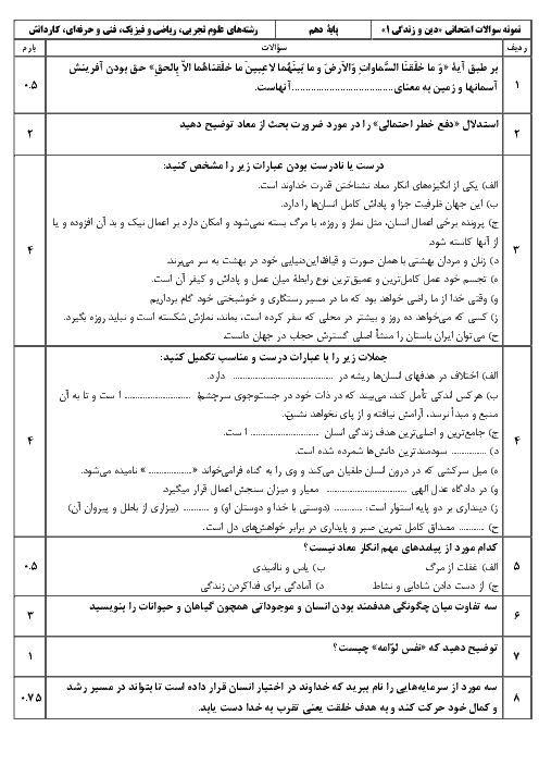 آزمون نوبت دوم دین و زندگی (1) پایه دهم هنرستان | شهریور 1396