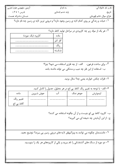 آزمون تکوینی درس 1 تا 6 علوم ششم دبستان عصمت