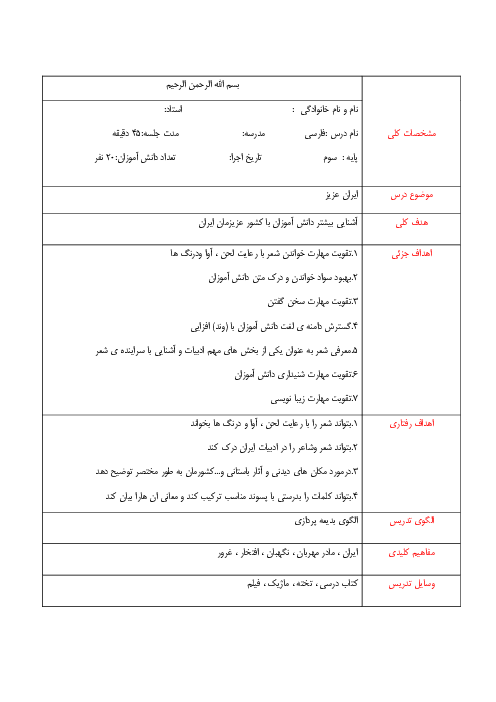 طرح درس فارسی پایه سوم؛ درس 12 ایران عزیز 