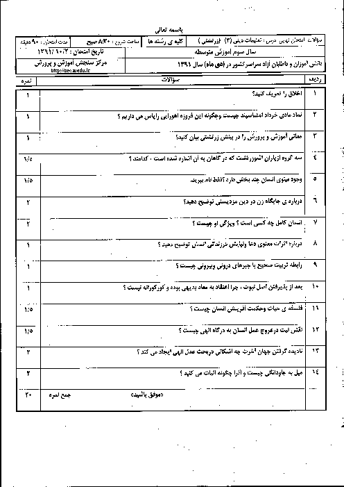 سوالات امتحان نهایی درس تعلیمات دینی (3) زرتشتی- دی 1391