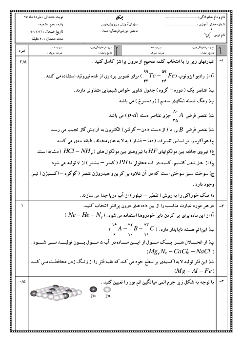 سؤالات امتحان نوبت دوم شیمی (1) دهم دبیرستان احسان | خرداد 1396