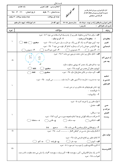 آزمون نوبت دوم علوم تجربی هشتم مدرسه دکتر مفتح | خرداد 1398