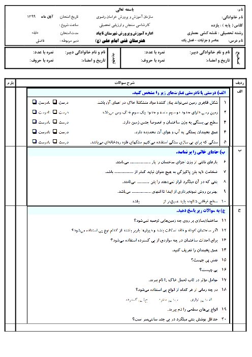 آزمون پودمانی عناصر و جزییات یازدهم هنرستان امام علی (ع) | فصل 1: شناخت زمین و پی سازی