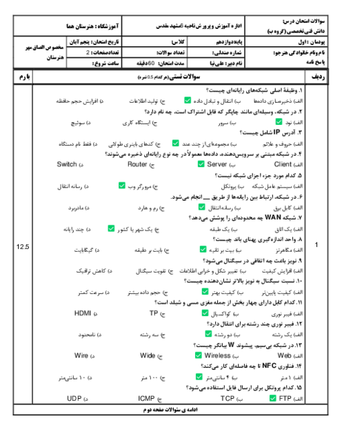 نمونه سوال پودمان اول کتاب دانش فنی تخصصی | دسته بندی و انتخاب شبکه