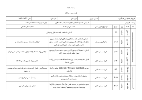 طرح درس سالانه نصب و نگهداری تجهیزات شبکه و سخت‌افزار دوازدهم 