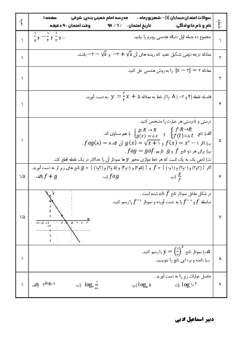 آزمون جبرانی نوبت شهریور 1398 حسابان یازدهم دبیرستان امام خمینی بند پی شرقی