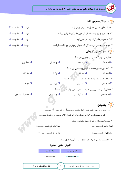 مجموعه نمونه سوالات امتحانی علوم تجربی هشتم | فصل هشتم: تولید مثل در جانداران
