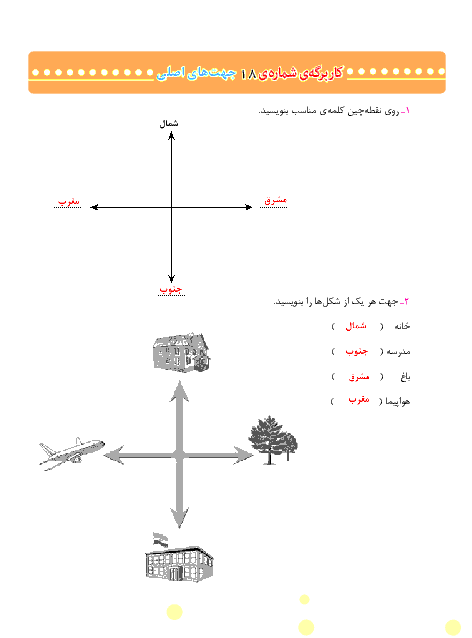 پاسخ کاربرگه شماره 18 مطالعات اجتماعی سوم دبستان | جهت های اصلی