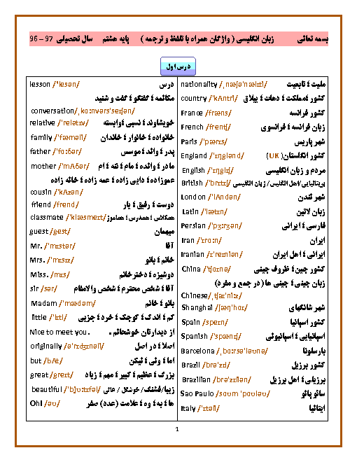 معنی واژه‌ها و تلفظ لغات کتاب انگلیسی هشتم گاما