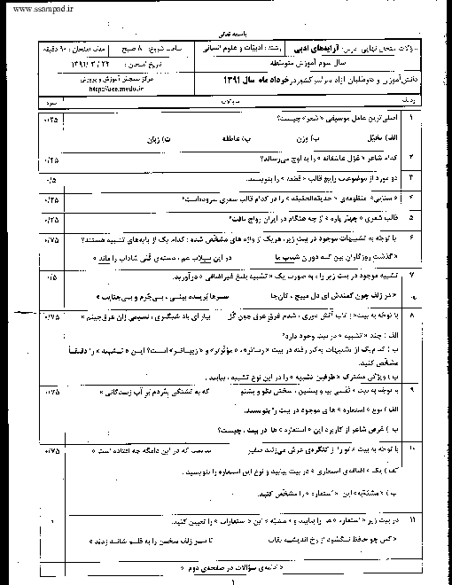 سوالات و پاسخ تشریحی امتحان نهایی آرایه های ادبی- خرداد 1391