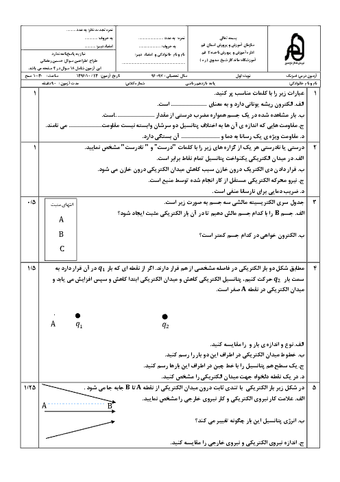 آزمون نوبت اول فیزیک (2) یازدهم دبیرستان ماندگار شیخ صدوق | دی 1396