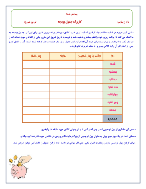 تکلیف امتدادی بسطی مطالعات اجتماعی چهارم دبستان | آشنایی با مفهوم درآمد، هزینه و پس انداز