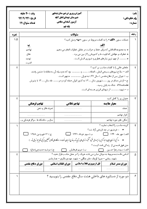 آزمون نوبت اول آمادگی دفاعی نهم دبیرستان شهدای قطن آباد نیشابور | دی 94