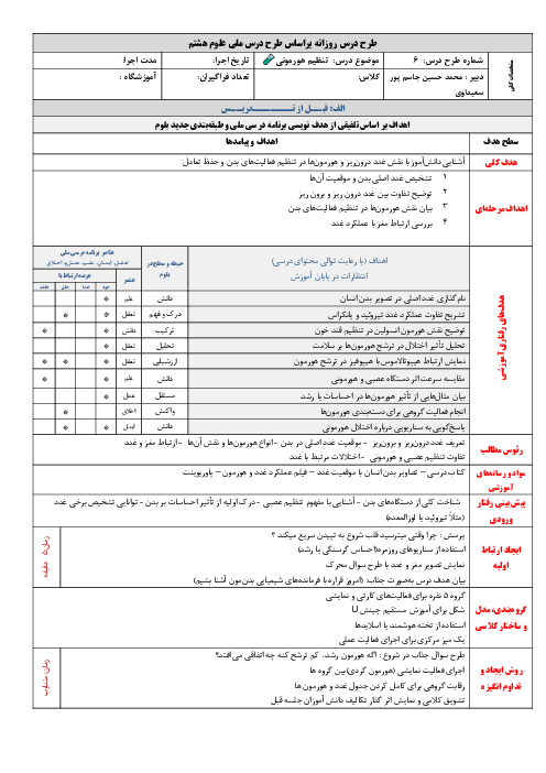 طرح درس علوم هشتم فصل 6: تنظیم هورمونی