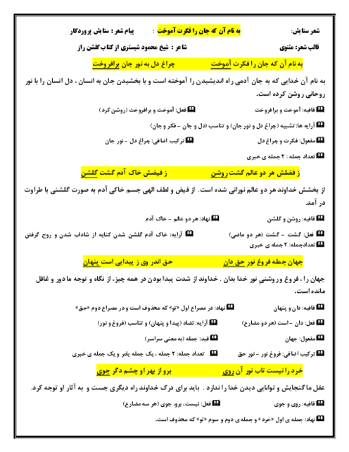 درسنامه فارسی ششم |  ستایش: به نام آن که جان را فکرت آموخت