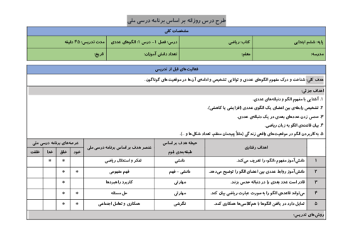 طرح درس ریاضی ششم | درس 1 فصل 1 | الگوهای عددی