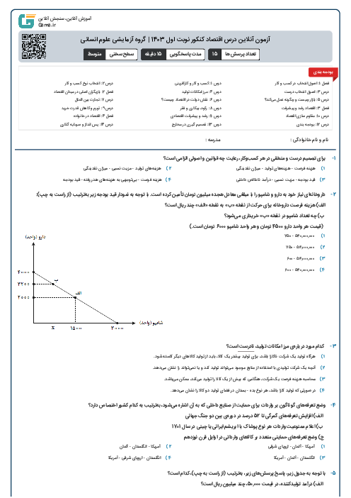 آزمون آنلاين درس اقتصاد کنکور نوبت اول 1403 | گروه آزمايشی علوم انسانی