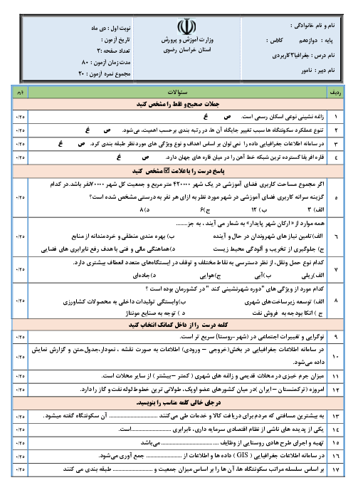 امتحان نوبت اول دی 1403 جغرافیای کاربردی پایه دوازدهم دبیرستان ترنم ولایت