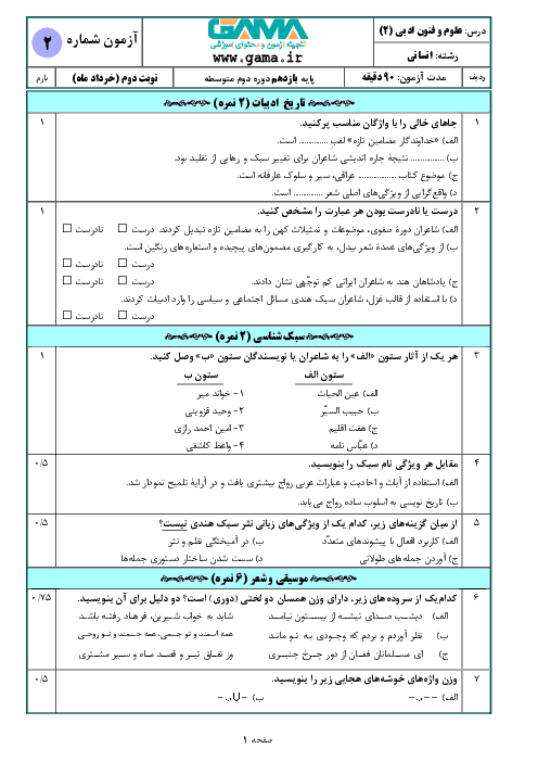 نمونه سؤال آمادگی امتحان نوبت دوم علوم و فنون ادبی (2) پایه یازدهم دبیرستان امام خمینی | خرداد 1397 + پاسخ (نمونه 1)