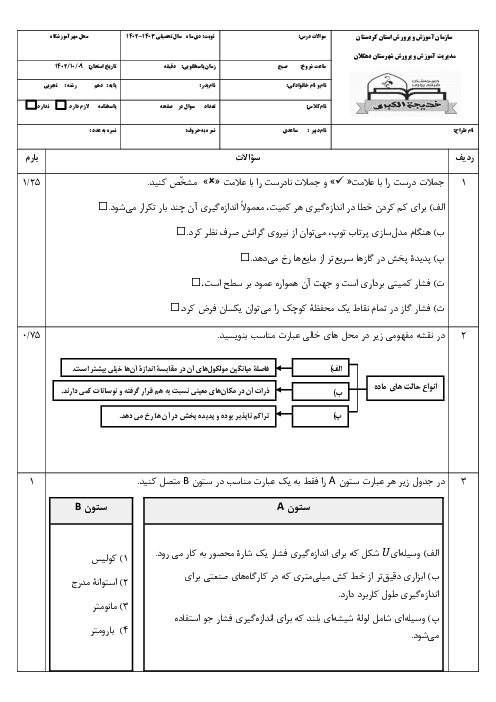 نمونه سؤالات امتحانی دی ماه 1402 فیزیک نوبت اول