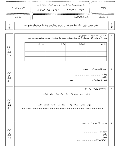 آزمون فارسی دوم دبستان ولی عصر کاشان | فصل 1: نهادها