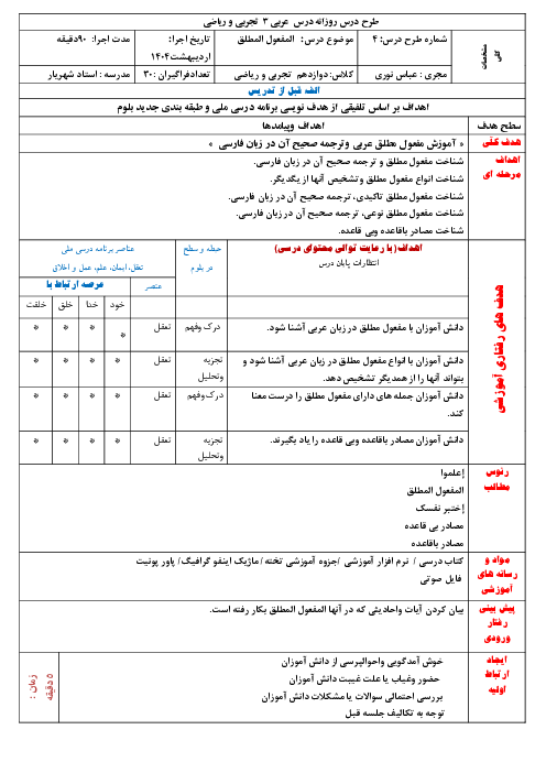 طرح درس روزانه درس 4: الفرزدق | عربی3 دوازدهم تجربی و ریاضی