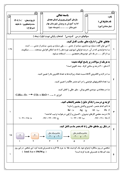 سوالات امتحان درس شیمی 1 پایانی نوبت اول دی 1402 دبیرستان امام خمینی