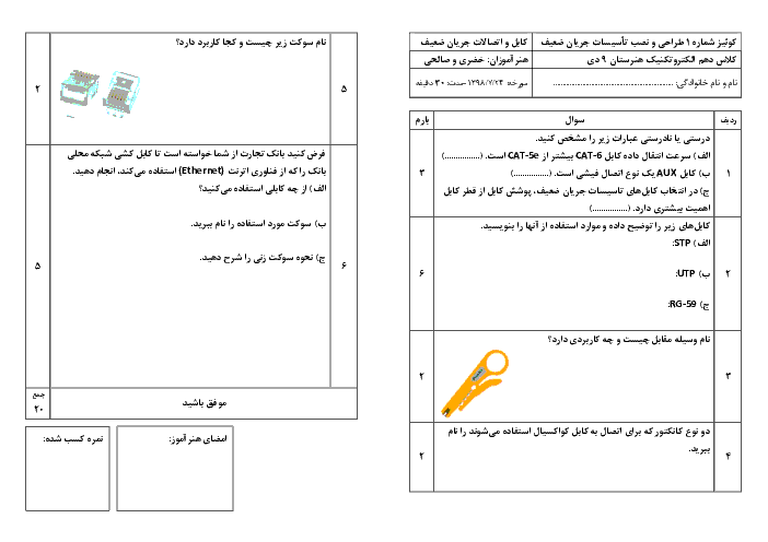 آزمون طراحی و نصب تأسیسات جریان ضعیف دهم هنرستان علم و صنعت | پودمان 1: کابل و اتصالات جریان ضعیف، آیفون تصویری