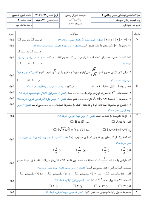 نمونه سوال امتحان نوبت اول ریاضی نهم دبیرستان شاهد محمد رسول الله دی 1402