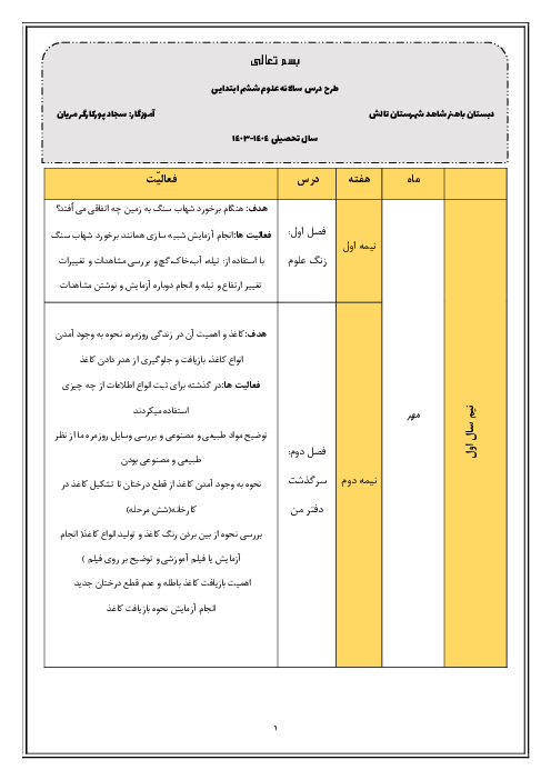 طرح درس سالانه علوم پایه ششم ابتدایی سال تحصیلی 1404-1403