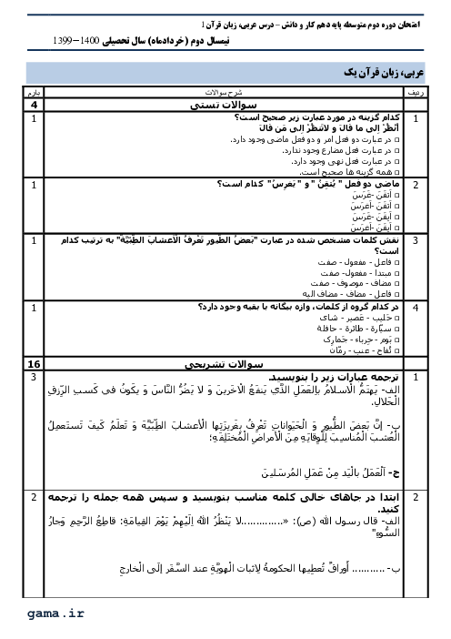 سوالات آزمون نوبت دوم عربی (1) دهم هنرستان فرهیختگان قم | خرداد 1400