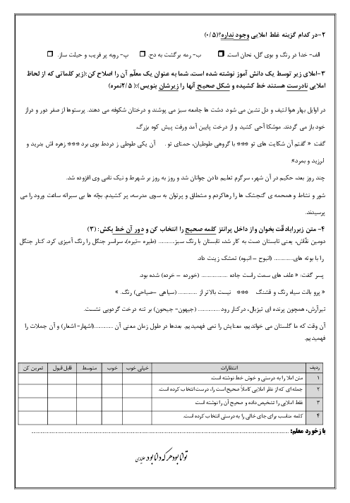 آزمون املا نوبت اول چهارم (درس 1 تا 8)