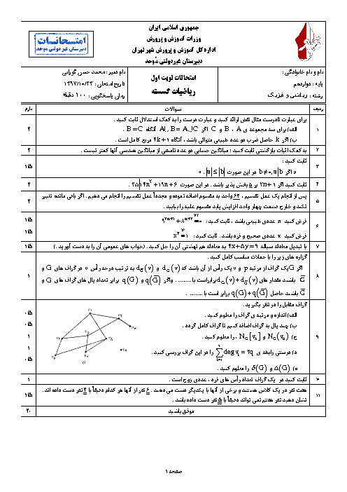 آزمون نوبت اول ریاضیات گسسته دوازدهم دبیرستان موحد | دی 1397