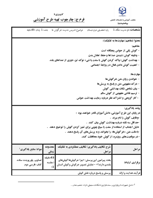 طرح درس فرم ج فارسی پایه دوم | درس 4: مدرسه‌ی خرگوش‌ها